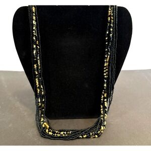 Vintage Black Yellow Gold Tone Necklace Many Strand Glass Seed Bead Jewelry 22"